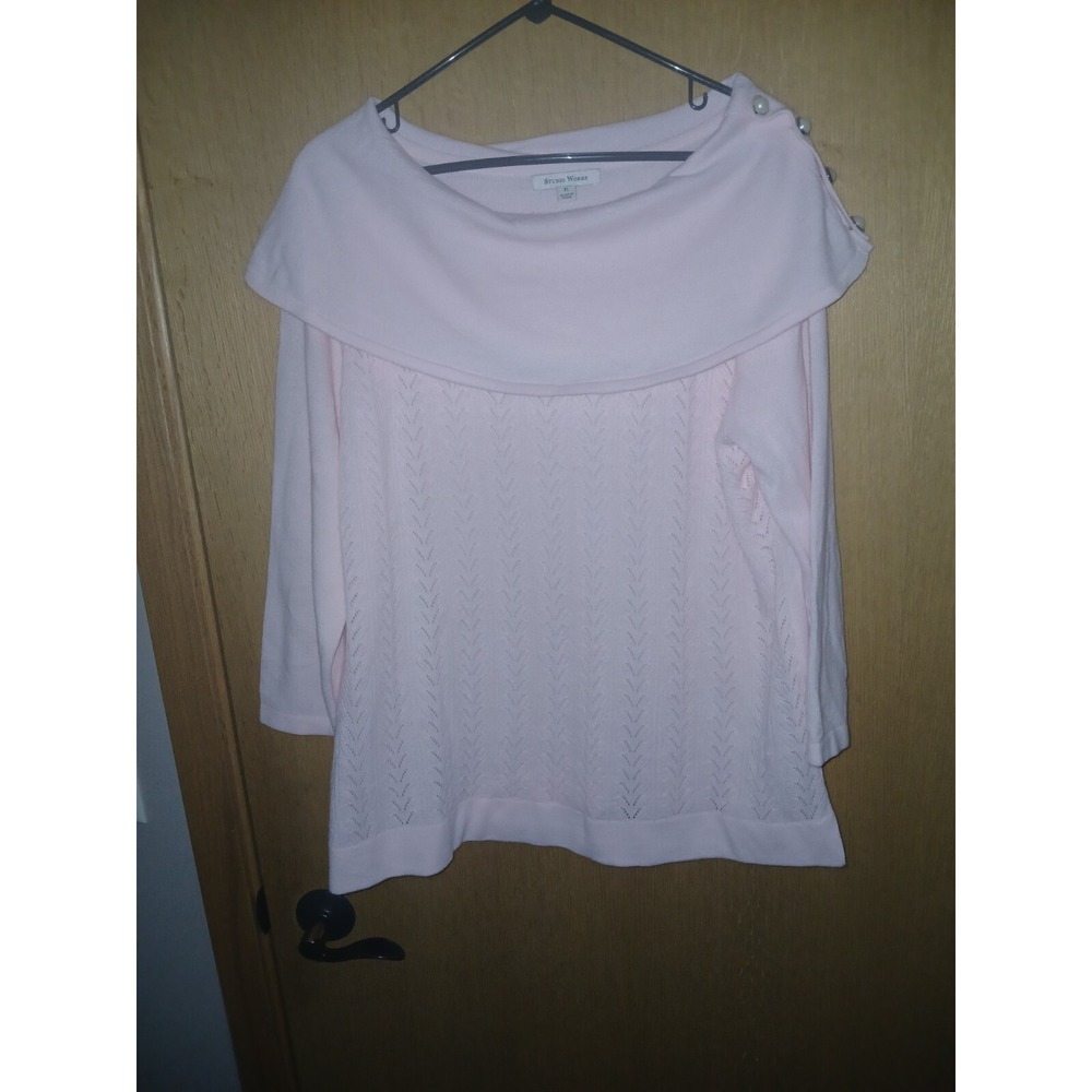 Studio Works Pink Cowl Neck Sweater Women's XL Pearl Button Blush Knit Cozy Top